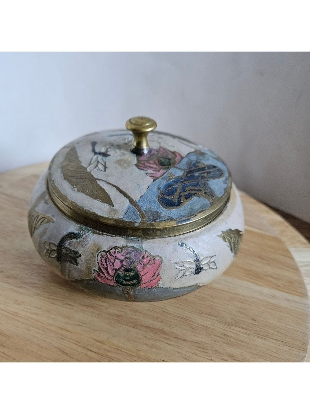 Vintage Indian Handpainted Brass Trinket Jar with Lid